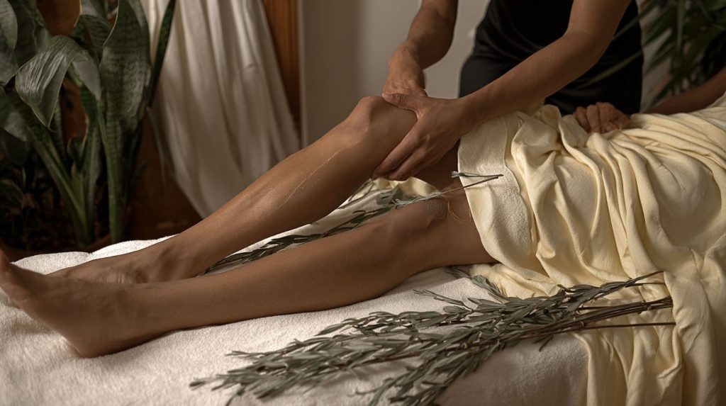 Therapist giving a gentle lymphatic drainage massage to a client's lower leg, with eucalyptus sprigs on the treatment couch