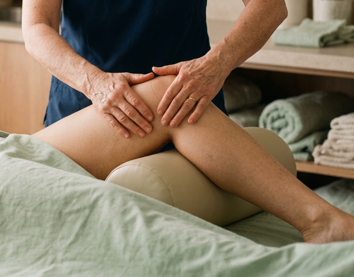 Therapist massaging patient's leg on treatment table in clinic room